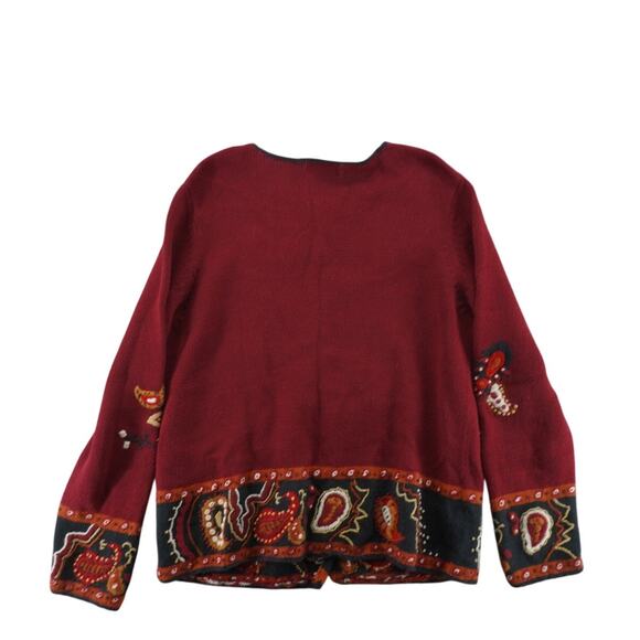 Coldwater Creek Women’s M Burgundy Paisley Embroidered Cardigan Sweater Ramie - Picture 3 of 5
